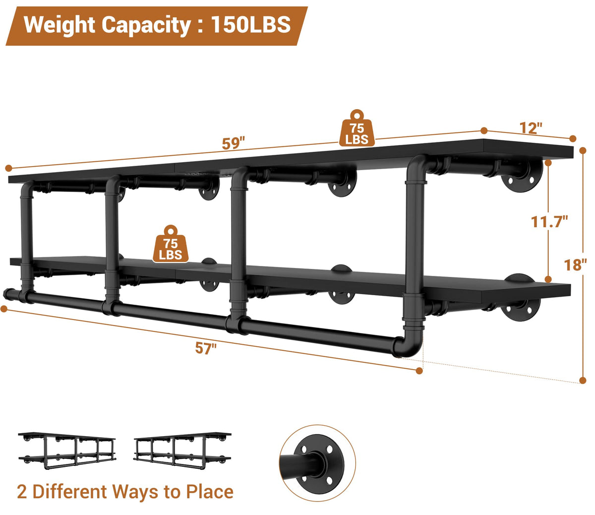 59'' Wall Mounted Industrial Pipe Clothes Rack with Top Shelf, 2 Tiers Space Saving Clothing Rack with Hanging Rod