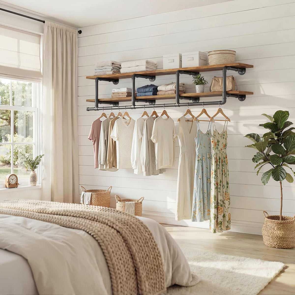 59'' Wall Mounted Industrial Pipe Clothes Rack with Top Shelf, 2 Tiers Space Saving Clothing Rack with Hanging Rod