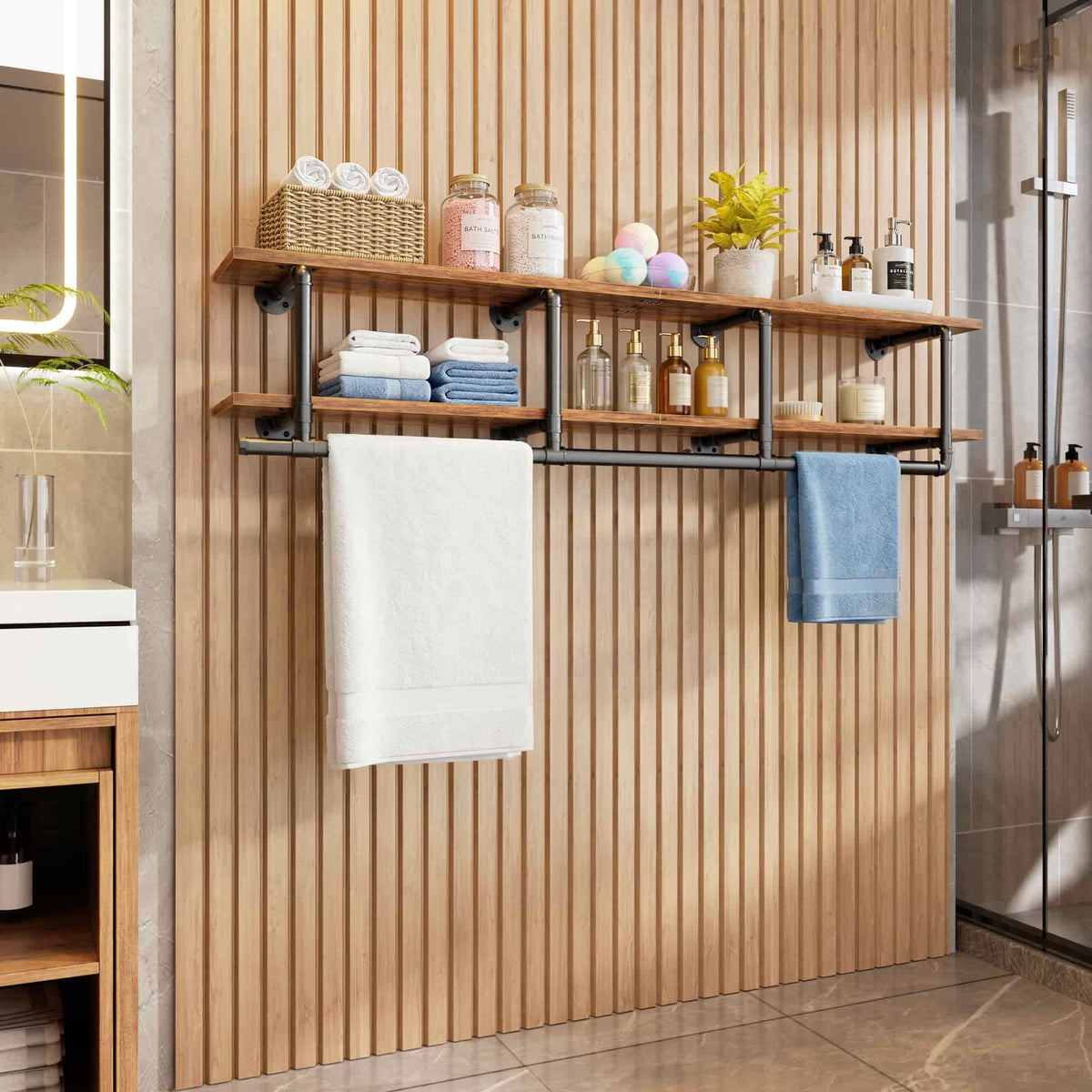 59'' Wall Mounted Industrial Pipe Clothes Rack with Top Shelf, 2 Tiers Space Saving Clothing Rack with Hanging Rod
