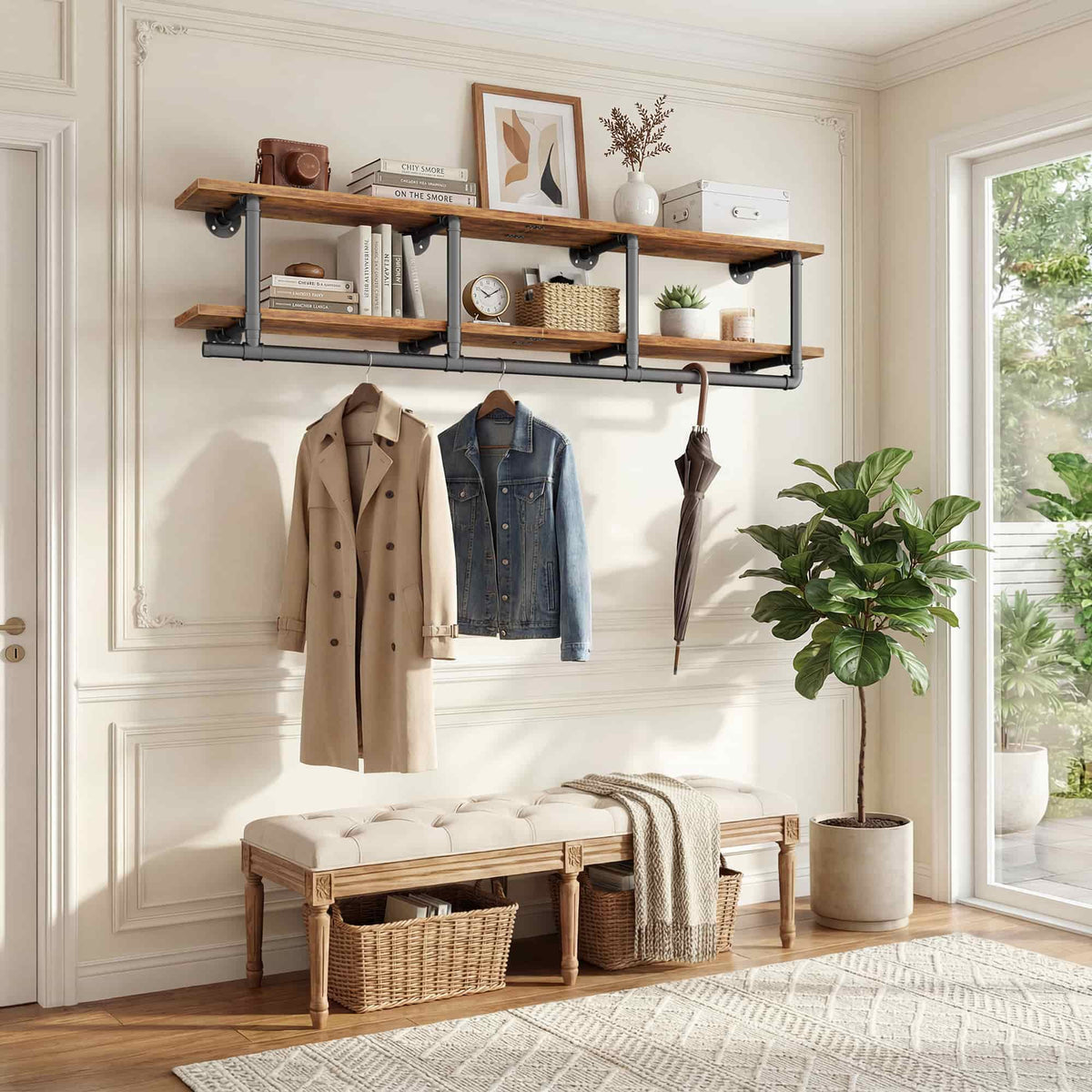 59'' Wall Mounted Industrial Pipe Clothes Rack with Top Shelf, 2 Tiers Space Saving Clothing Rack with Hanging Rod