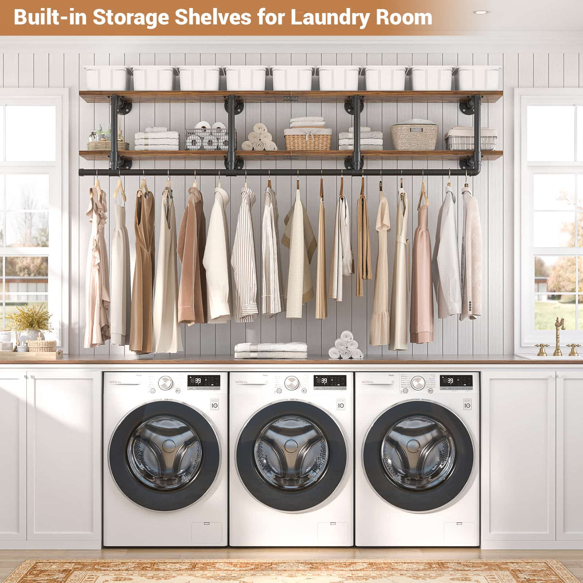 59'' Wall Mounted Industrial Pipe Clothes Rack with Top Shelf, 2 Tiers Space Saving Clothing Rack with Hanging Rod