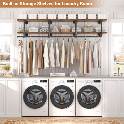 59'' Wall Mounted Industrial Pipe Clothes Rack with Top Shelf, 2 Tiers Space Saving Clothing Rack with Hanging Rod