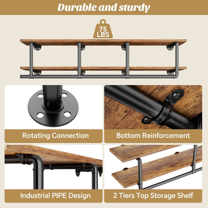 59'' Wall Mounted Industrial Pipe Clothes Rack with Top Shelf, 2 Tiers Space Saving Clothing Rack with Hanging Rod