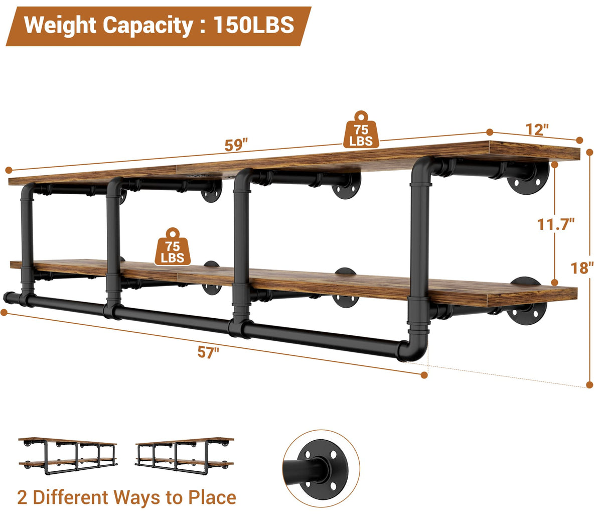 59'' Wall Mounted Industrial Pipe Clothes Rack with Top Shelf, 2 Tiers Space Saving Clothing Rack with Hanging Rod