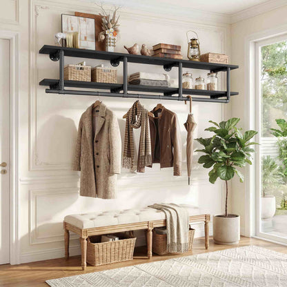 72.5'' Wall Mounted Clothes Rack with Top Shelf, 2 Tiers Industrial Pipe Clothing Rack