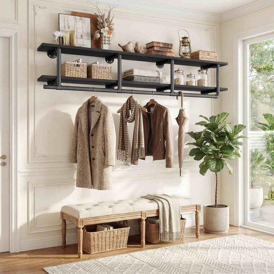 72.5'' Wall Mounted Clothes Rack with Top Shelf, 2 Tiers Industrial Pipe Clothing Rack