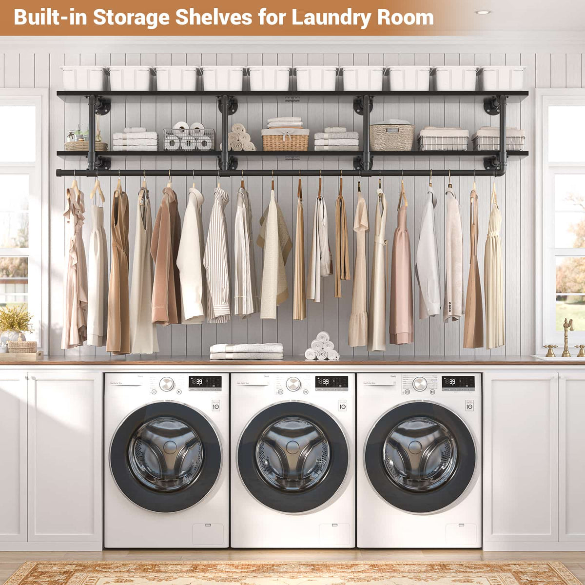 72.5'' Wall Mounted Clothes Rack with Top Shelf, 2 Tiers Industrial Pipe Clothing Rack