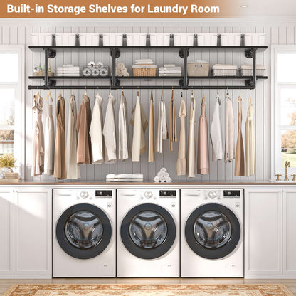 72.5'' Wall Mounted Clothes Rack with Top Shelf, 2 Tiers Industrial Pipe Clothing Rack