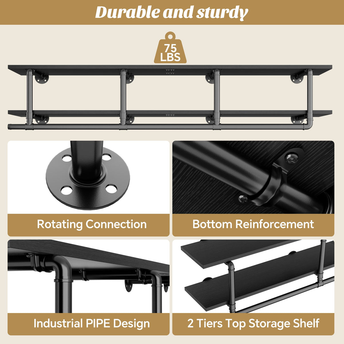 72.5'' Wall Mounted Clothes Rack with Top Shelf, 2 Tiers Industrial Pipe Clothing Rack