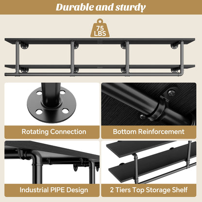 72.5'' Wall Mounted Clothes Rack with Top Shelf, 2 Tiers Industrial Pipe Clothing Rack