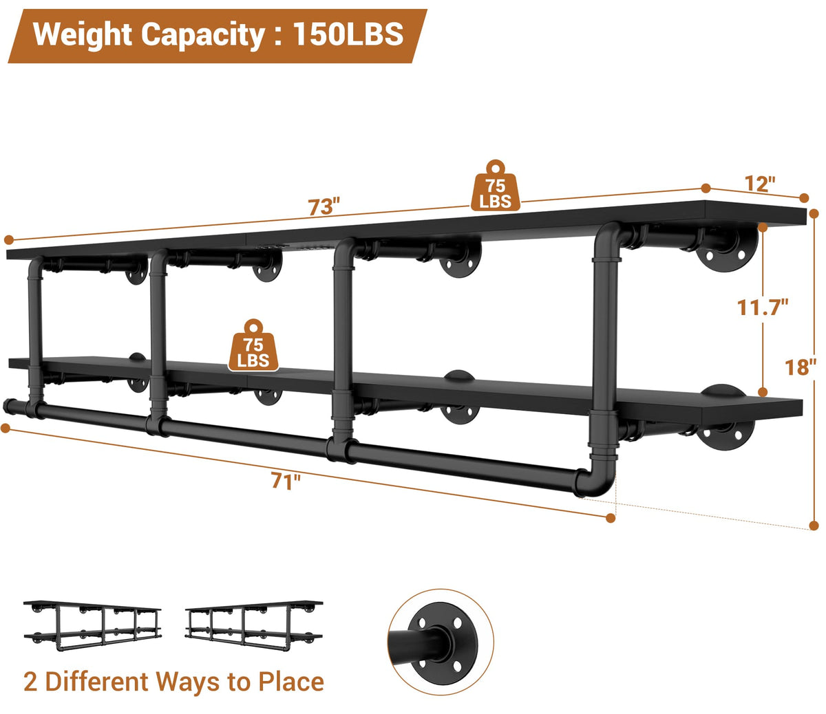 72.5'' Wall Mounted Clothes Rack with Top Shelf, 2 Tiers Industrial Pipe Clothing Rack