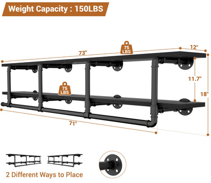 72.5'' Wall Mounted Clothes Rack with Top Shelf, 2 Tiers Industrial Pipe Clothing Rack