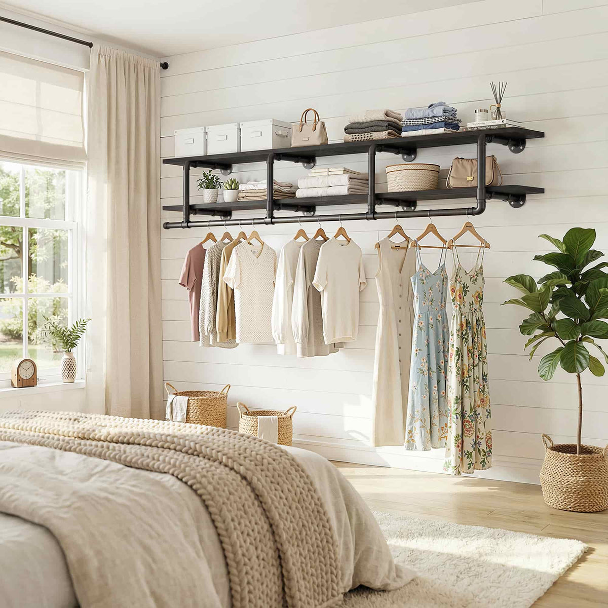 72.5'' Wall Mounted Clothes Rack with Top Shelf, 2 Tiers Industrial Pipe Clothing Rack