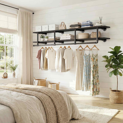 72.5'' Wall Mounted Clothes Rack with Top Shelf, 2 Tiers Industrial Pipe Clothing Rack