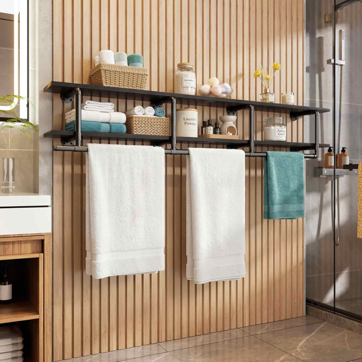 72.5'' Wall Mounted Clothes Rack with Top Shelf, 2 Tiers Industrial Pipe Clothing Rack