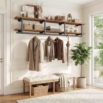 72.5'' Wall Mounted Clothes Rack with Top Shelf, 2 Tiers Industrial Pipe Clothing Rack