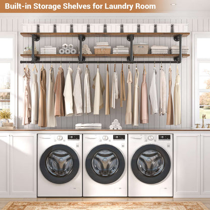 72.5'' Wall Mounted Clothes Rack with Top Shelf, 2 Tiers Industrial Pipe Clothing Rack
