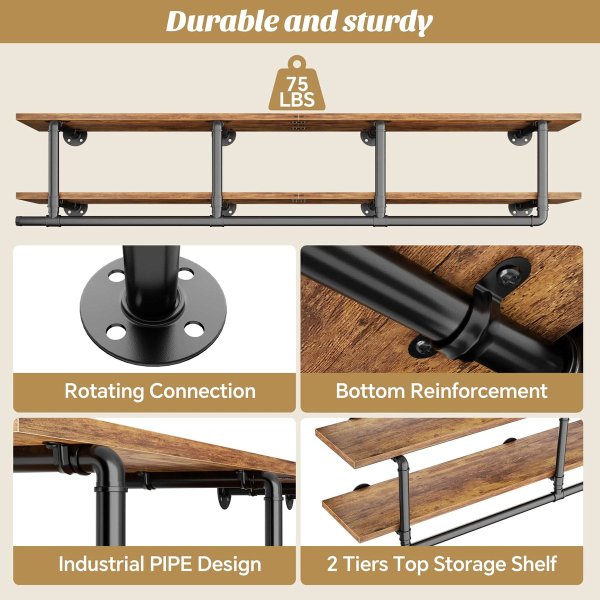 72.5'' Wall Mounted Clothes Rack with Top Shelf, 2 Tiers Industrial Pipe Clothing Rack