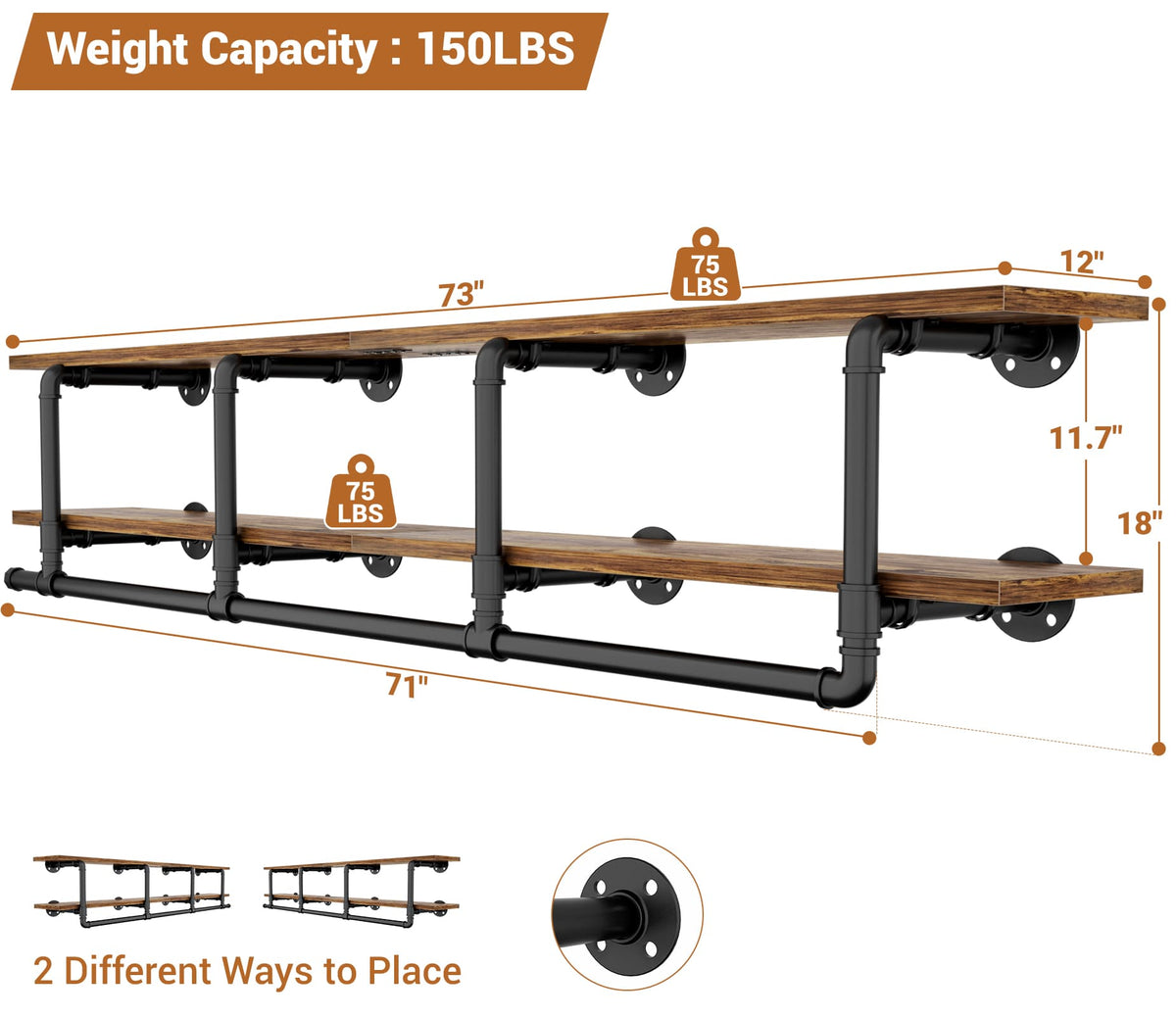 72.5'' Wall Mounted Clothes Rack with Top Shelf, 2 Tiers Industrial Pipe Clothing Rack