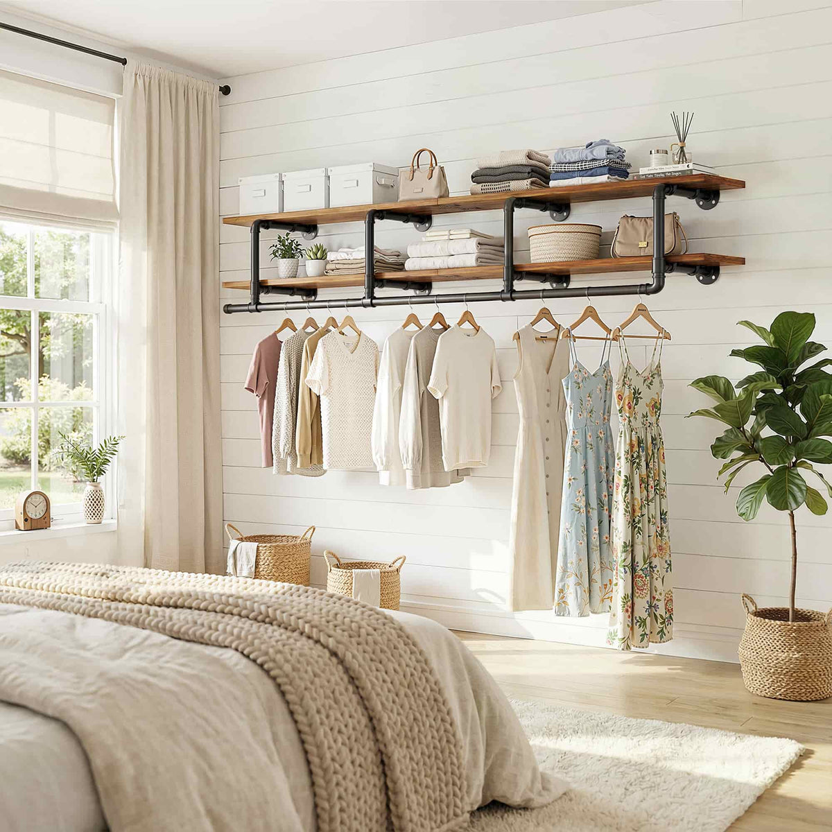 72.5'' Wall Mounted Clothes Rack with Top Shelf, 2 Tiers Industrial Pipe Clothing Rack