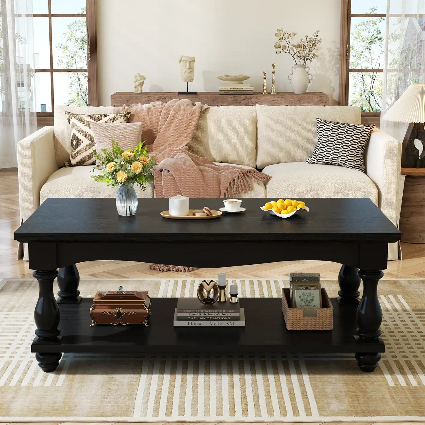 Coffee Table, 2-Tier Farmhouse Coffee Table with Storage for Living Room