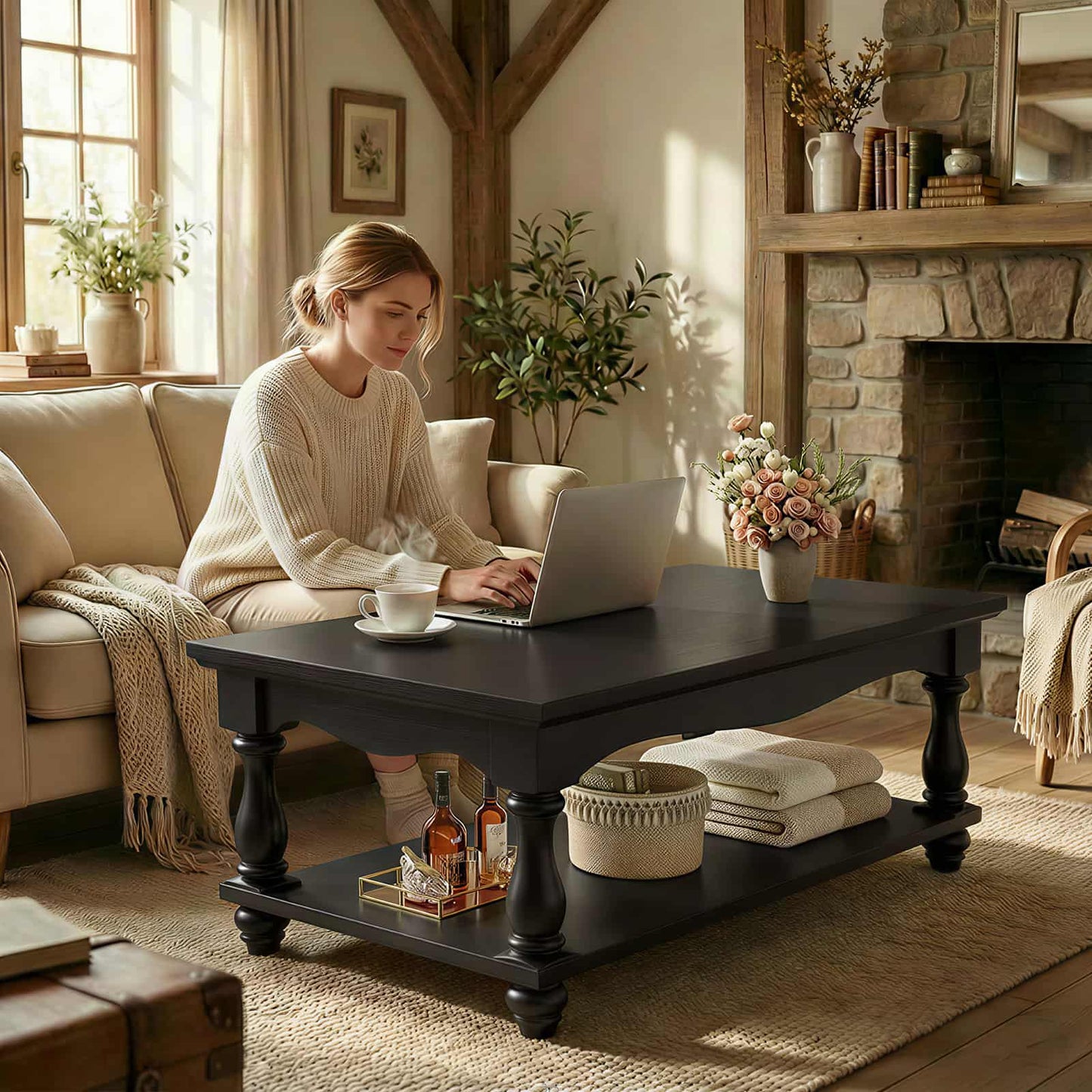 Coffee Table, 2-Tier Farmhouse Coffee Table with Storage for Living Room