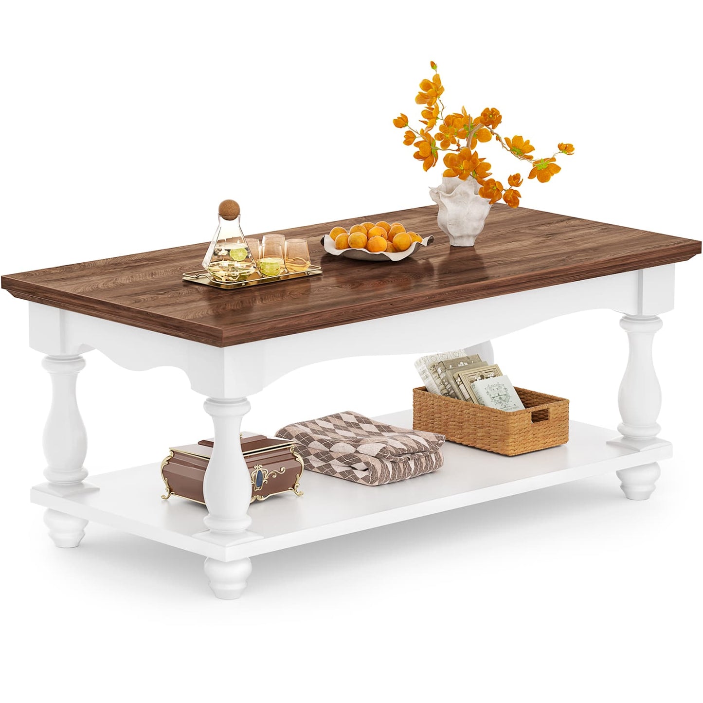 Coffee Table, 2-Tier Farmhouse Coffee Table with Storage for Living Room