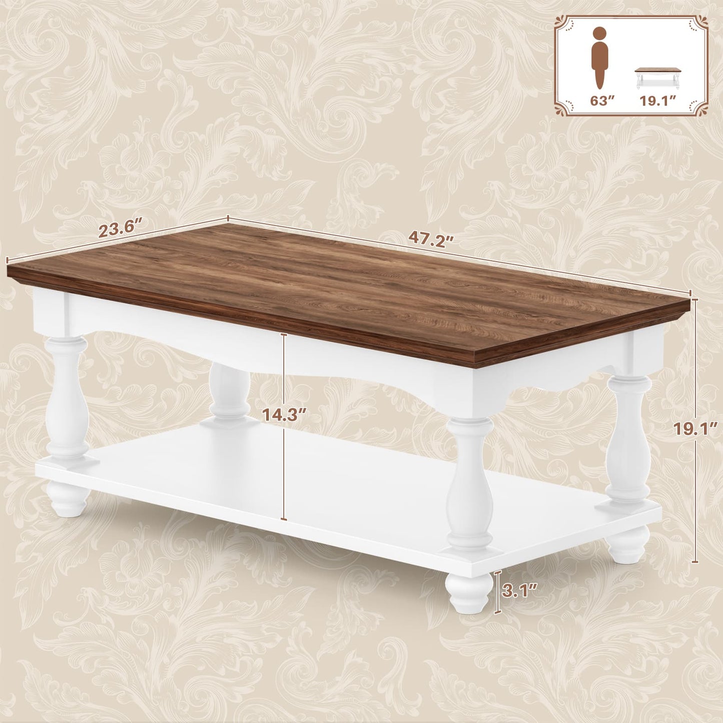 Coffee Table, 2-Tier Farmhouse Coffee Table with Storage for Living Room