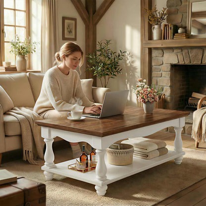 Coffee Table, 2-Tier Farmhouse Coffee Table with Storage for Living Room