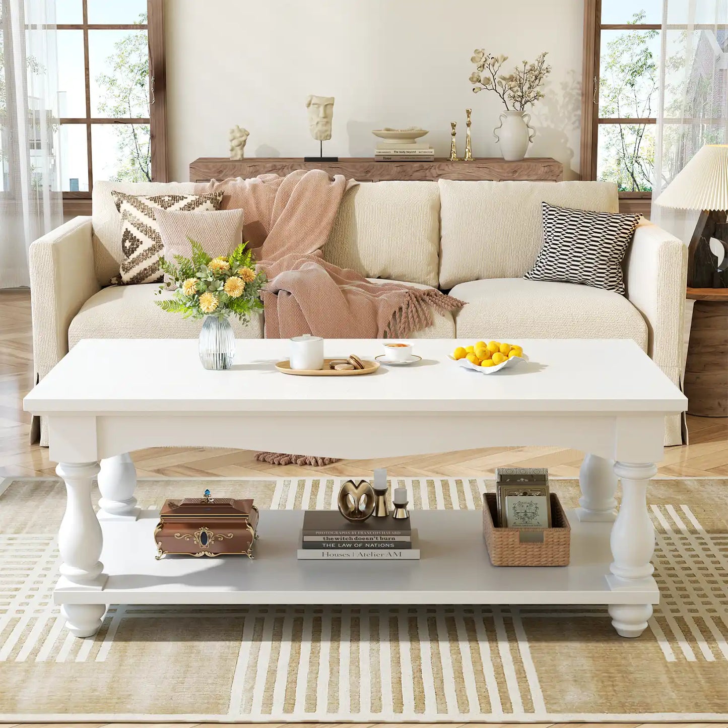 Coffee Table, 2-Tier Farmhouse Coffee Table with Storage for Living Room