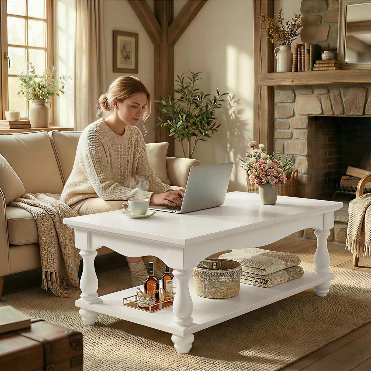 Coffee Table, 2-Tier Farmhouse Coffee Table with Storage for Living Room