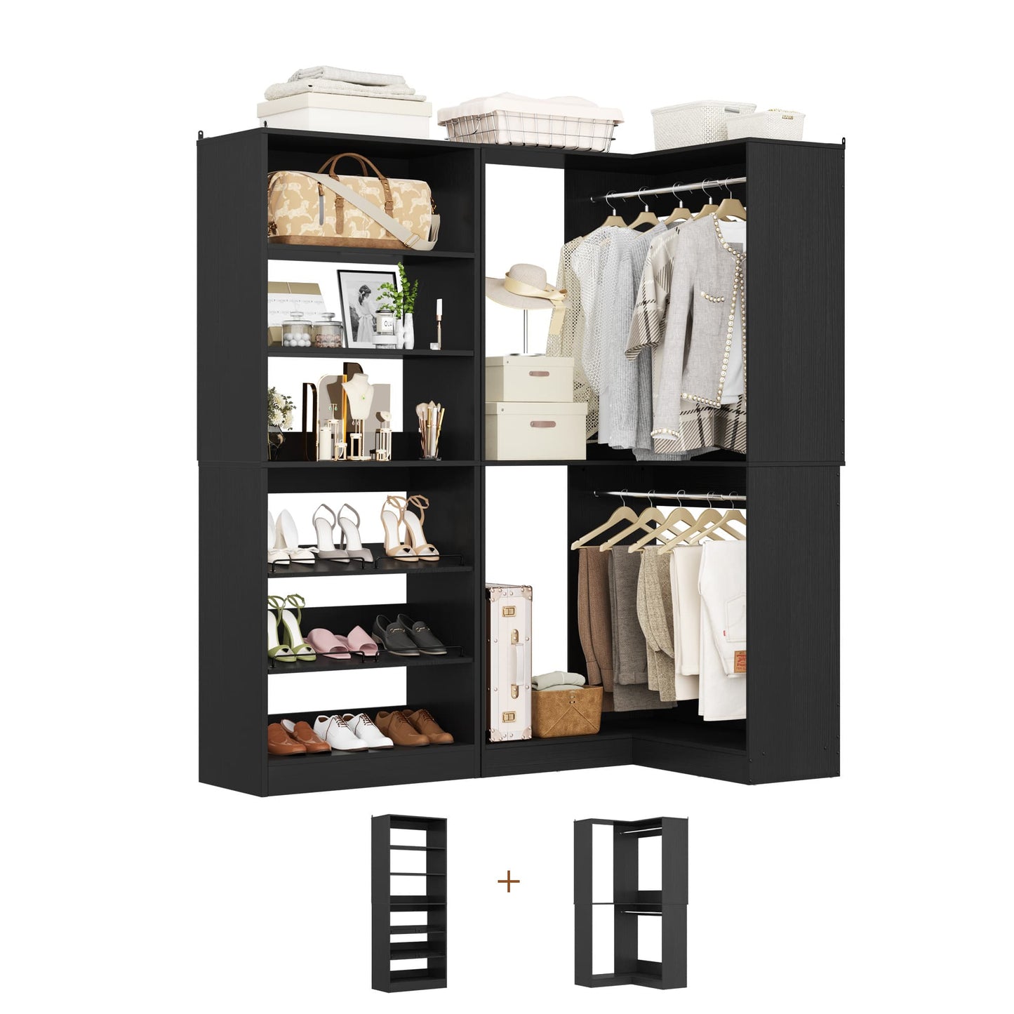 Corner Closet Organizer with Shoe Rack Tower and 2 Hanging Rods