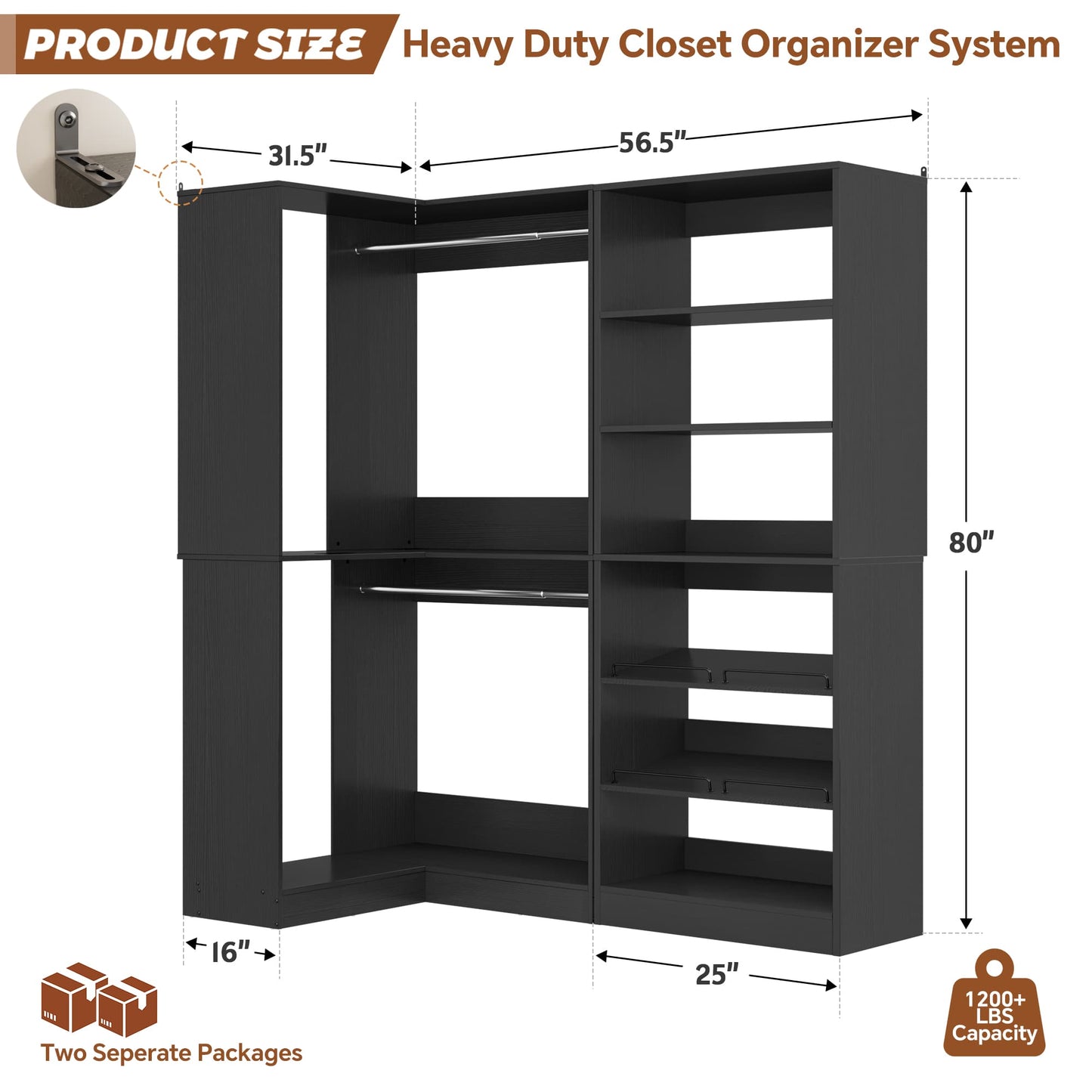Corner Closet Organizer with Shoe Rack Tower and 2 Hanging Rods