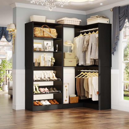 Corner Closet Organizer with Shoe Rack Tower and 2 Hanging Rods