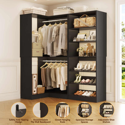 Corner Closet Organizer with Shoe Rack Tower and 2 Hanging Rods