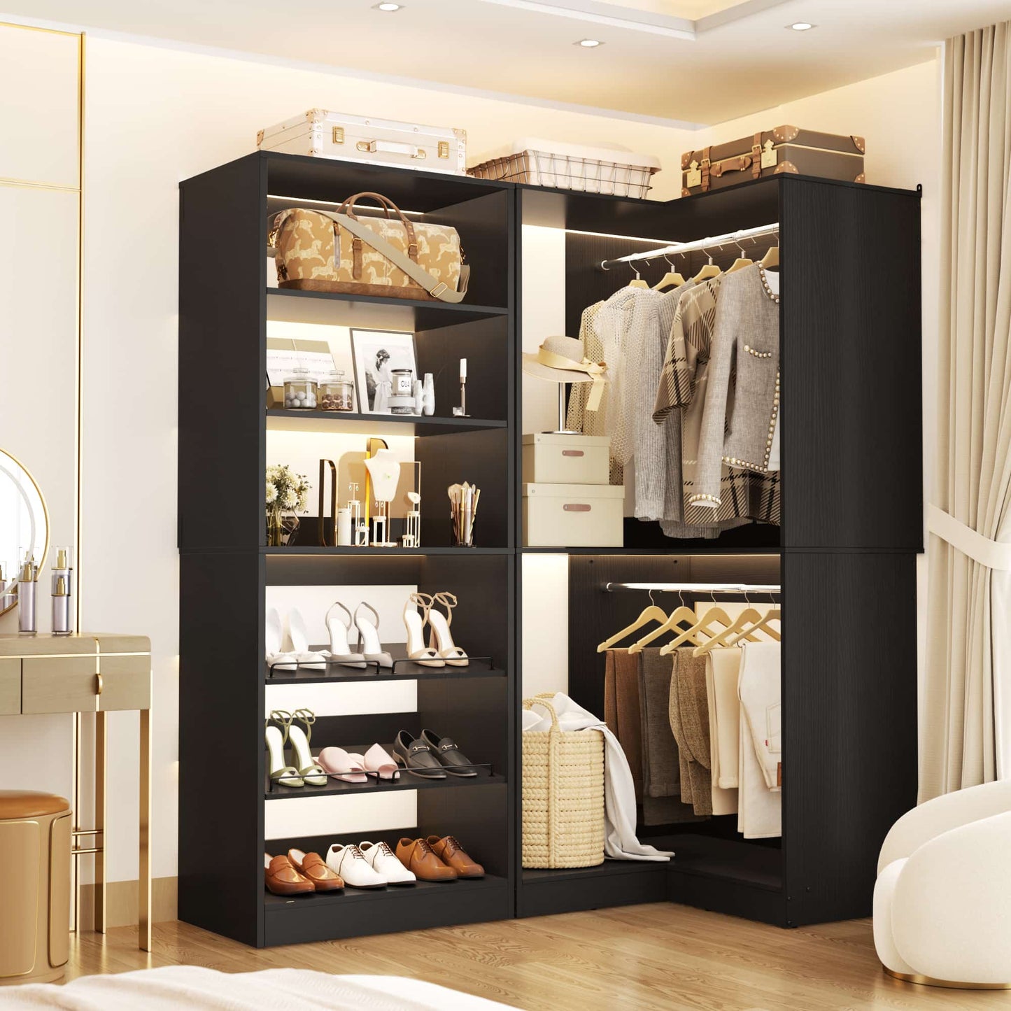 Corner Closet Organizer with Shoe Rack Tower and 2 Hanging Rods