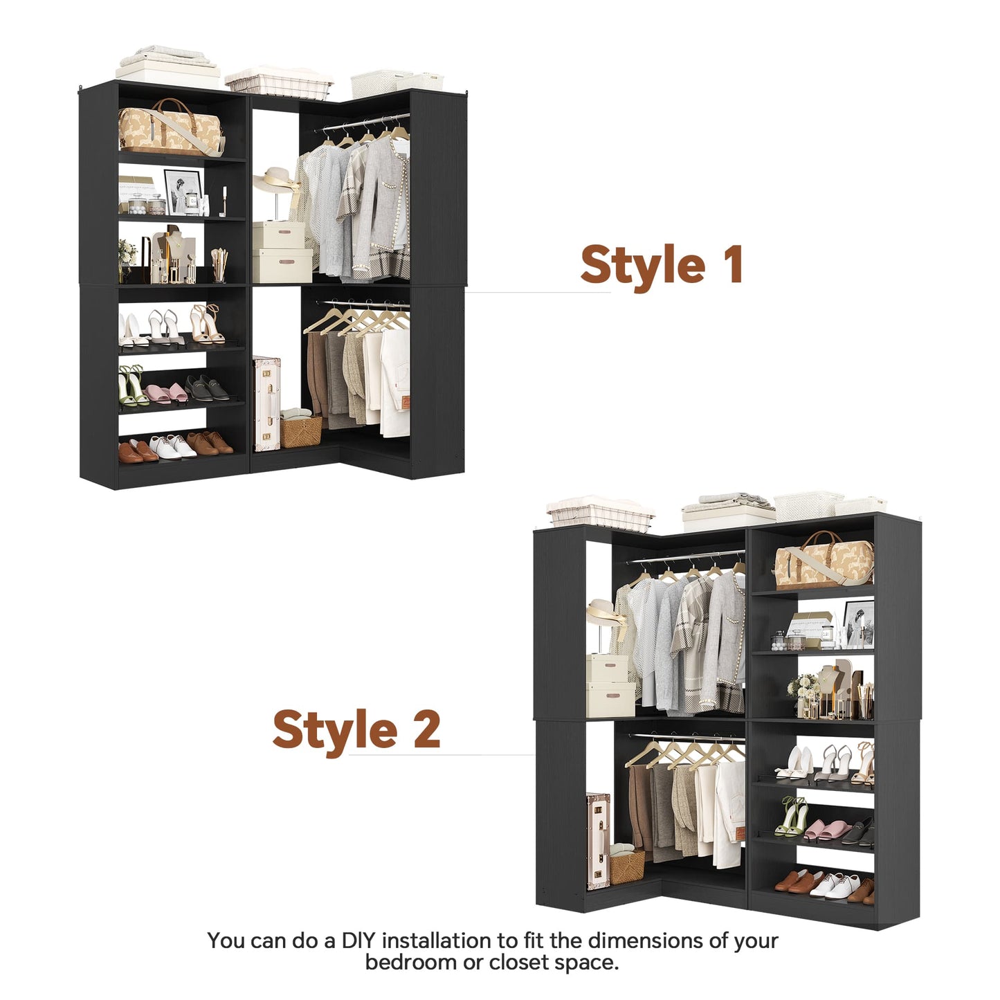 Corner Closet Organizer with Shoe Rack Tower and 2 Hanging Rods