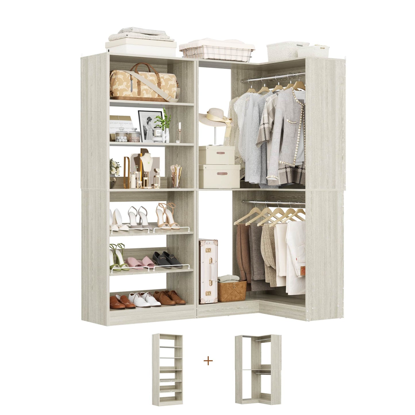 Corner Closet Organizer with Shoe Rack Tower and 2 Hanging Rods