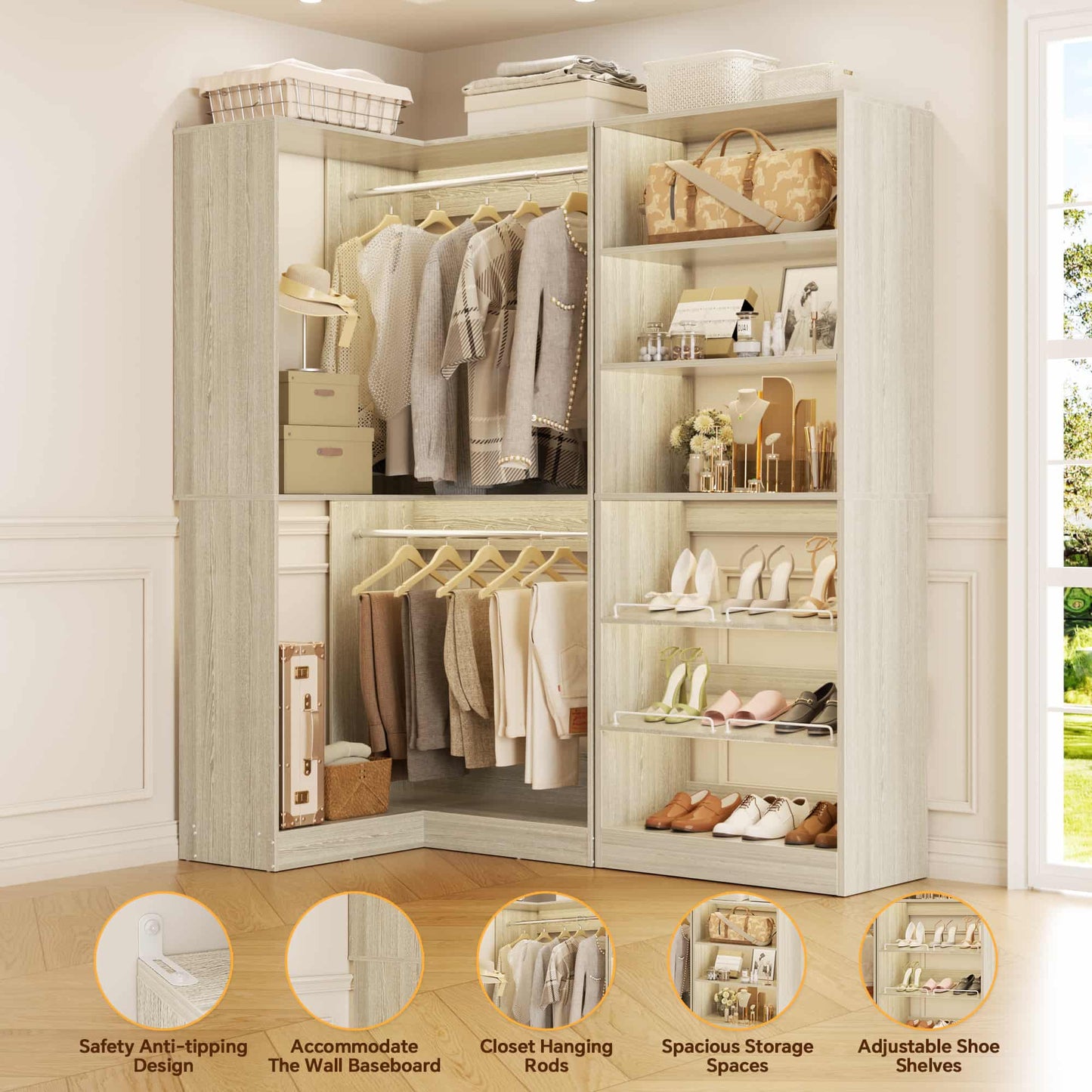 Corner Closet Organizer with Shoe Rack Tower and 2 Hanging Rods