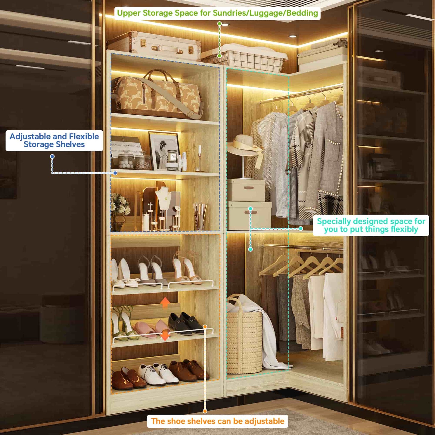 Corner Closet Organizer with Shoe Rack Tower and 2 Hanging Rods