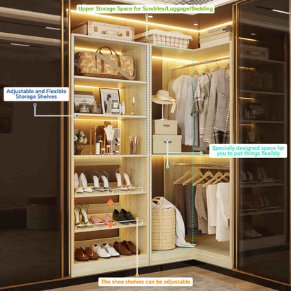 Corner Closet Organizer with Shoe Rack Tower and 2 Hanging Rods