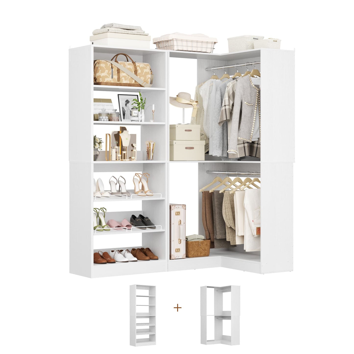 Corner Closet Organizer with Shoe Rack Tower and 2 Hanging Rods