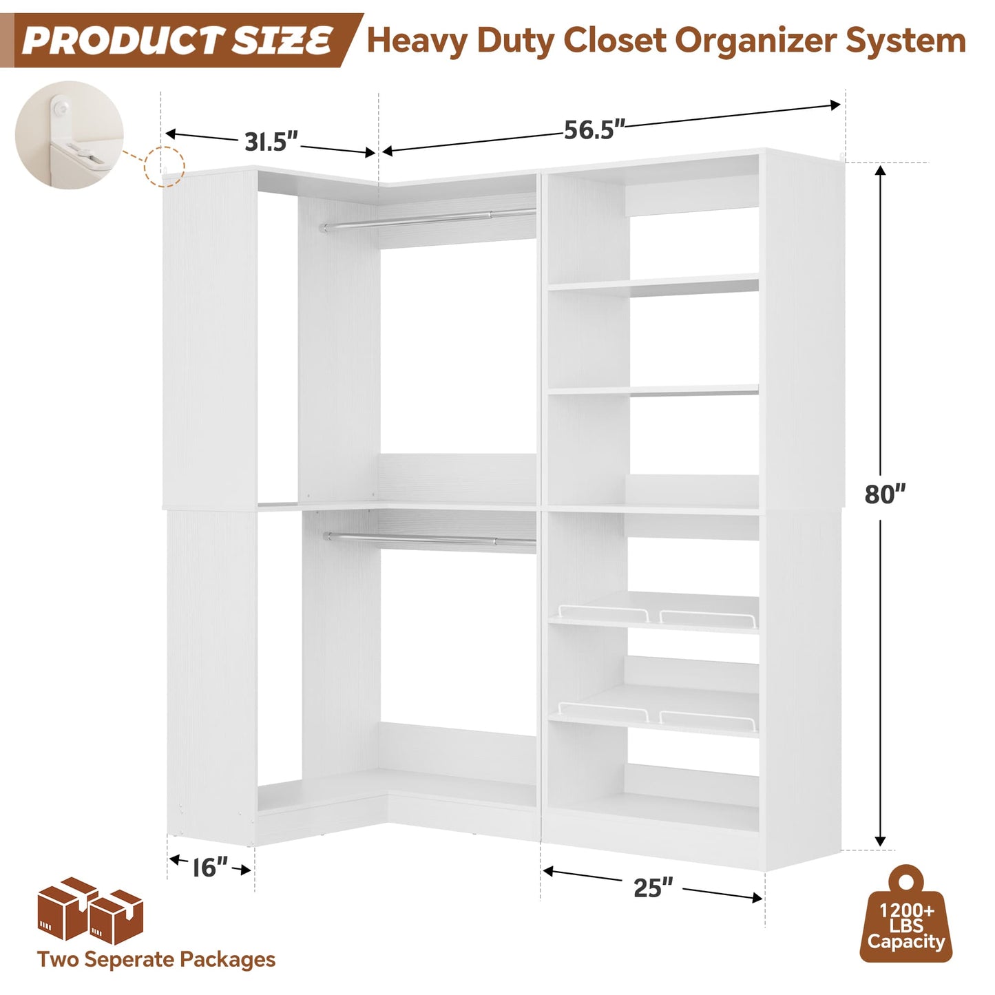 Corner Closet Organizer with Shoe Rack Tower and 2 Hanging Rods