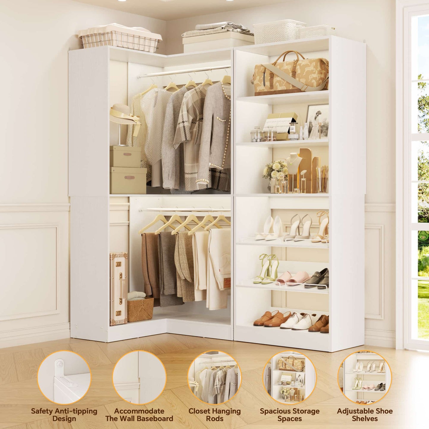 Corner Closet Organizer with Shoe Rack Tower and 2 Hanging Rods