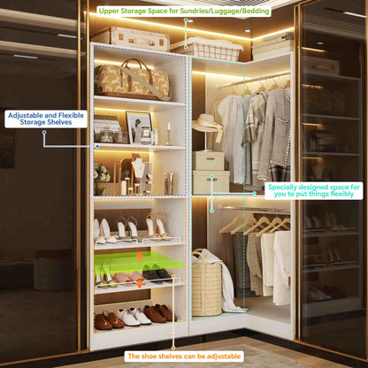 Corner Closet Organizer with Shoe Rack Tower and 2 Hanging Rods