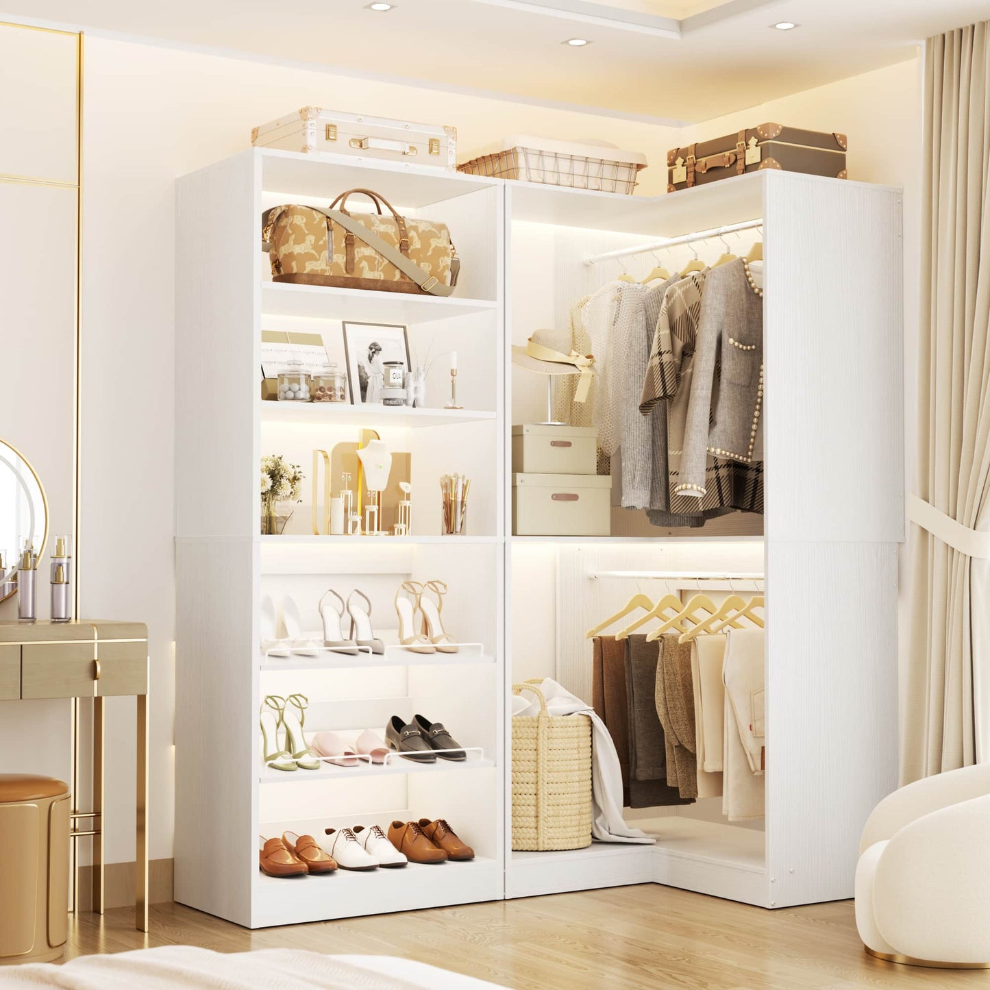 Corner Closet Organizer with Shoe Rack Tower and 2 Hanging Rods