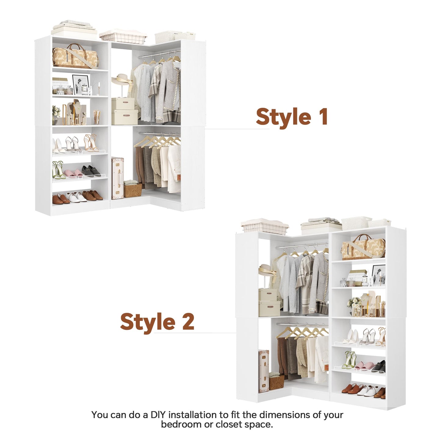 Corner Closet Organizer with Shoe Rack Tower and 2 Hanging Rods