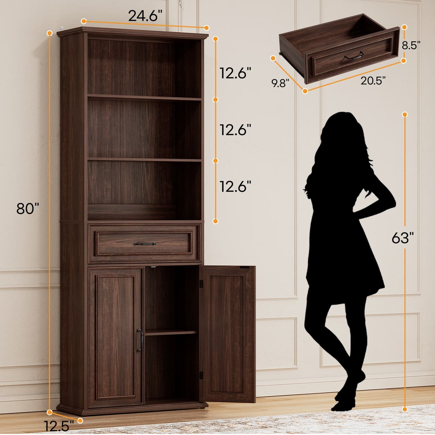 80'' Tall Bookcase with Drawer and Cabinet, Floor Standing Bookcase with 3-Tier Shelves