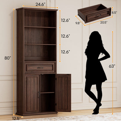 80'' Tall Bookcase 2-Piece Set, Floor Stand Bookcase with Drawer, Cabinet, and 3-Tier Shelves