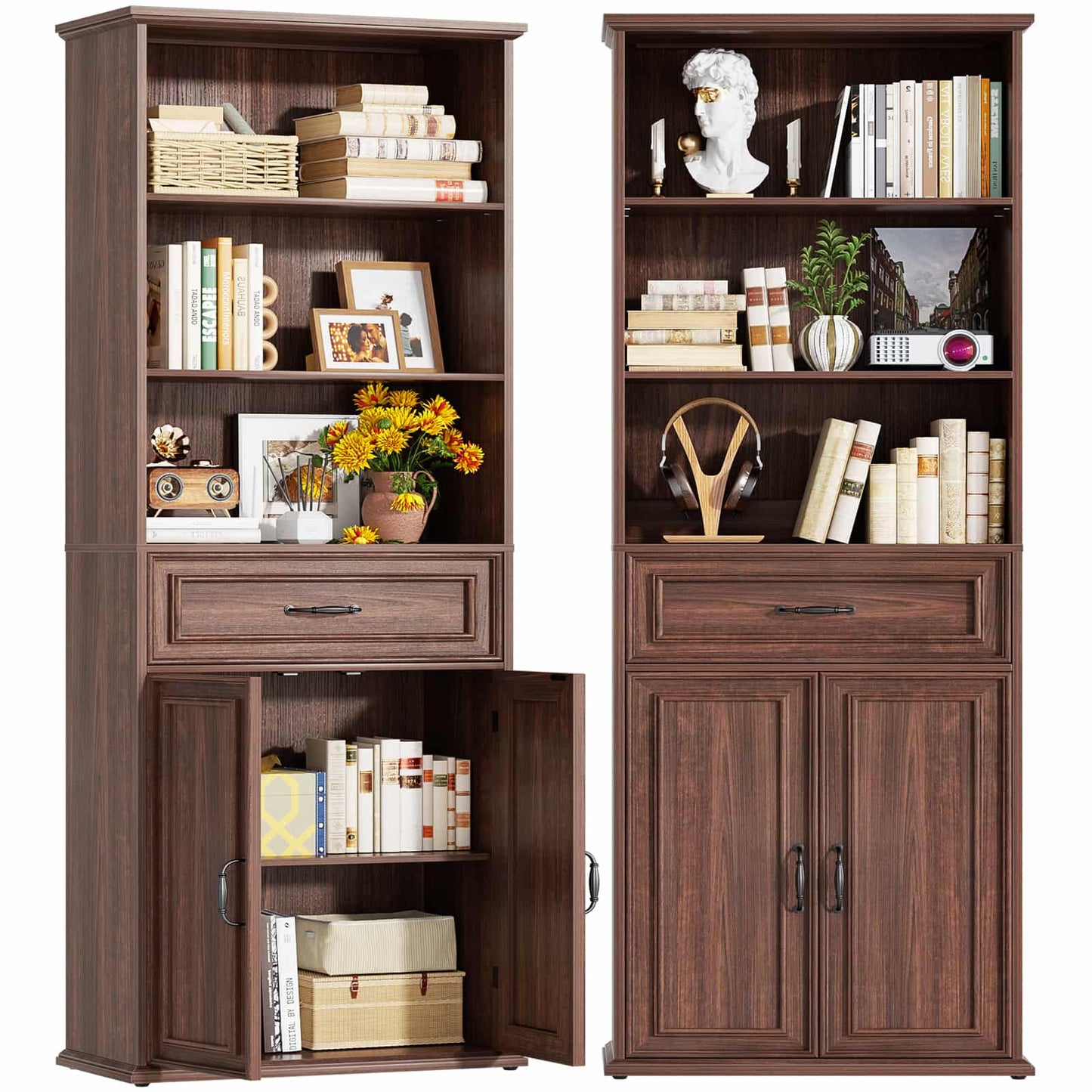 80'' Tall Bookcase 2-Piece Set, Floor Stand Bookcase with Drawer, Cabinet, and 3-Tier Shelves